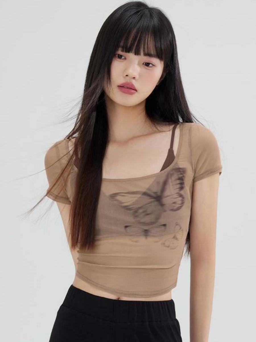 Summer Butterfly Print Mesh Camisole and Short-Sleeve T-Shirt Women's Two-Piece Set - Trendy Niche Style for Y2K Fashion Summer Butterfly Print Mesh Camisole and Short-Sleeve T-Shirt Women's Two-Piece Set - Trendy Niche Style for Y2K Fashion