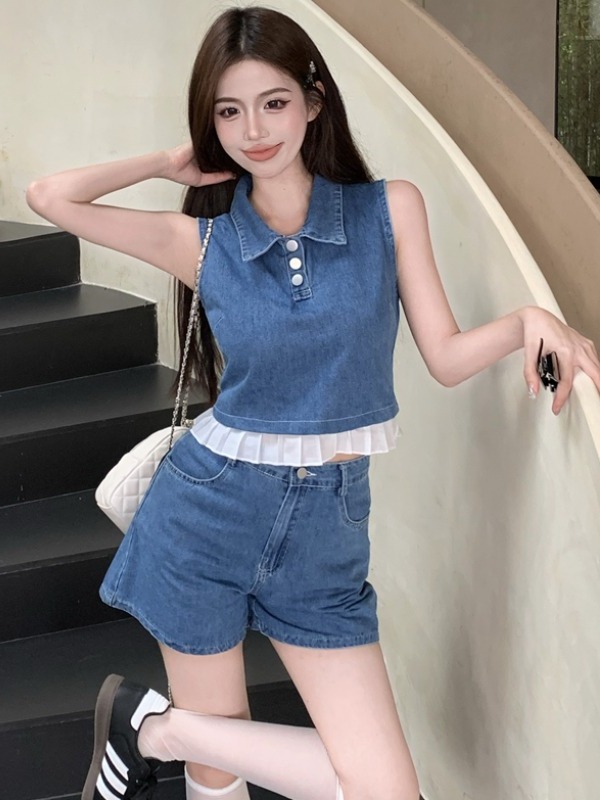Summer Denim Vest Top and Wide-Leg Shorts Set - Fresh and Youthful Outfit for Effortless Style Summer Denim Vest Top and Wide-Leg Shorts Set - Fresh and Youthful Outfit for Effortless Style