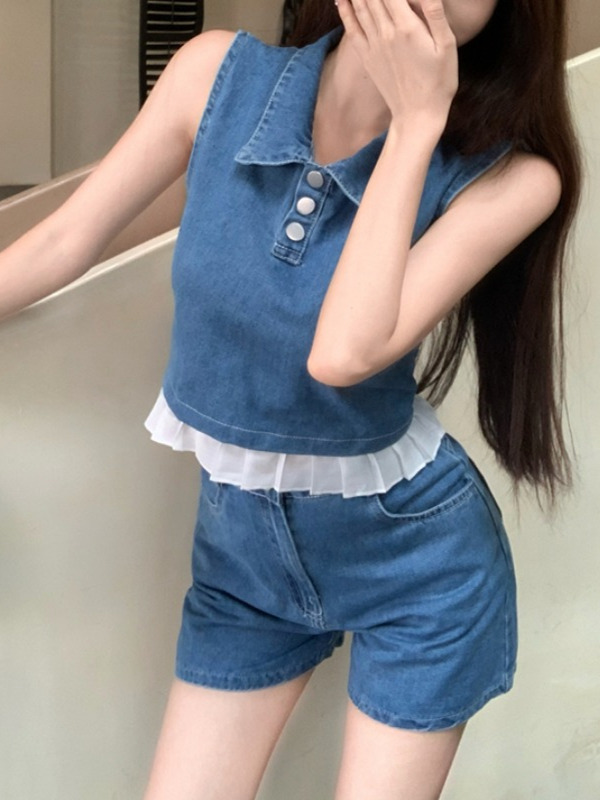 Summer Denim Vest Top and Wide-Leg Shorts Set - Fresh and Youthful Outfit for Effortless Style Summer Denim Vest Top and Wide-Leg Shorts Set - Fresh and Youthful Outfit for Effortless Style
