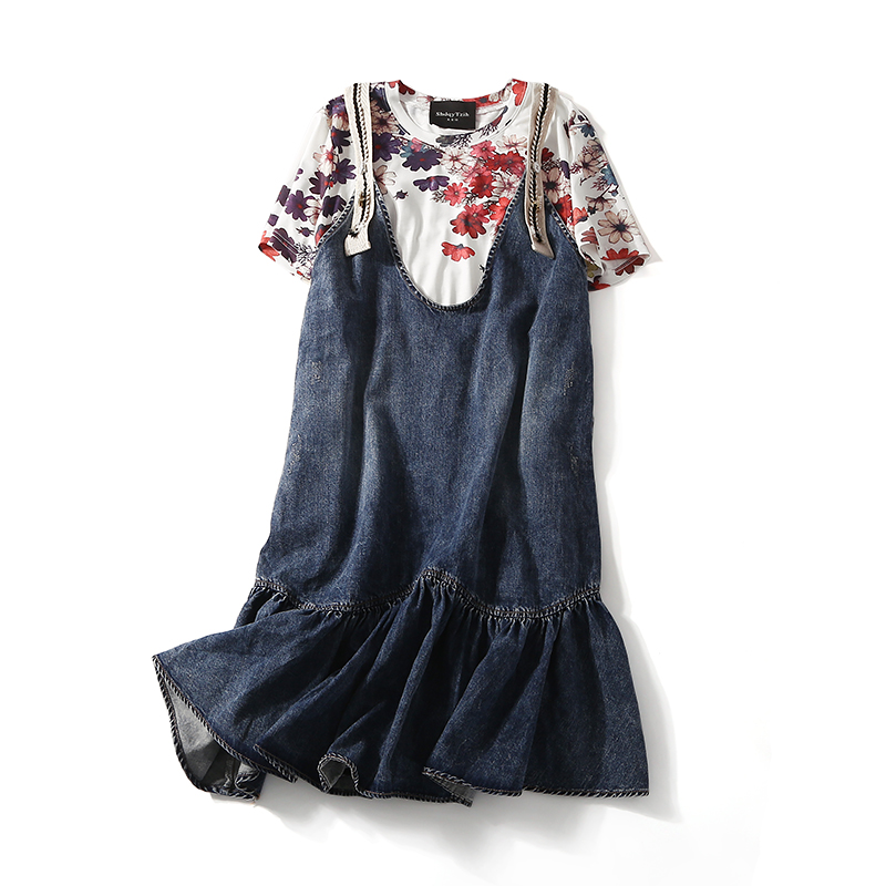 Summer Floral Round Neck T-Shirt and Ruffled Hem Denim Dress Two-Piece Set for Women - European Style, Casual Chic Summer Floral Round Neck T-Shirt and Ruffled Hem Denim Dress Two-Piece Set for Women - European Style, Casual Chic