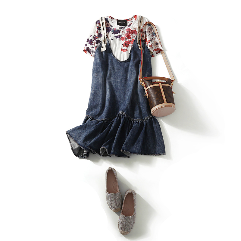 Summer Floral Round Neck T-Shirt and Ruffled Hem Denim Dress Two-Piece Set for Women - European Style, Casual Chic Summer Floral Round Neck T-Shirt and Ruffled Hem Denim Dress Two-Piece Set for Women - European Style, Casual Chic