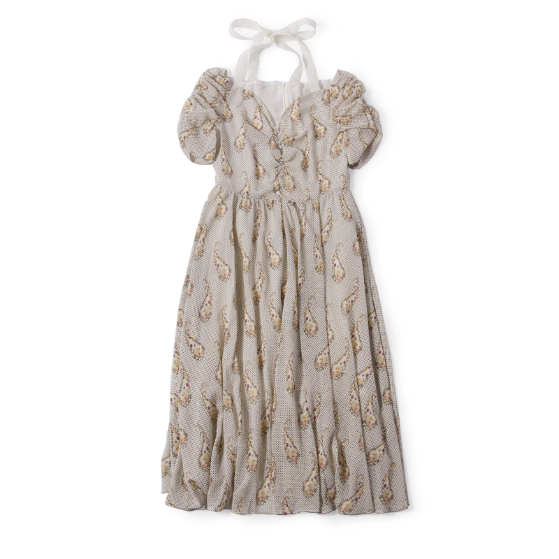 Summer French V-Neck Tie Pleated Floral Dress with Puff Sleeves and Diamond Buttons - Women's 90s Inspired Fashion Summer French V-Neck Tie Pleated Floral Dress with Puff Sleeves and Diamond Buttons - Women's 90s Inspired Fashion