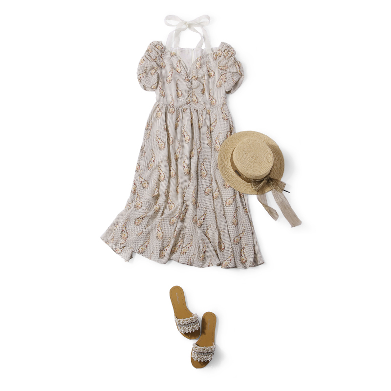 Summer French V-Neck Tie Pleated Floral Dress with Puff Sleeves and Diamond Buttons - Women's 90s Inspired Fashion Summer French V-Neck Tie Pleated Floral Dress with Puff Sleeves and Diamond Buttons - Women's 90s Inspired Fashion