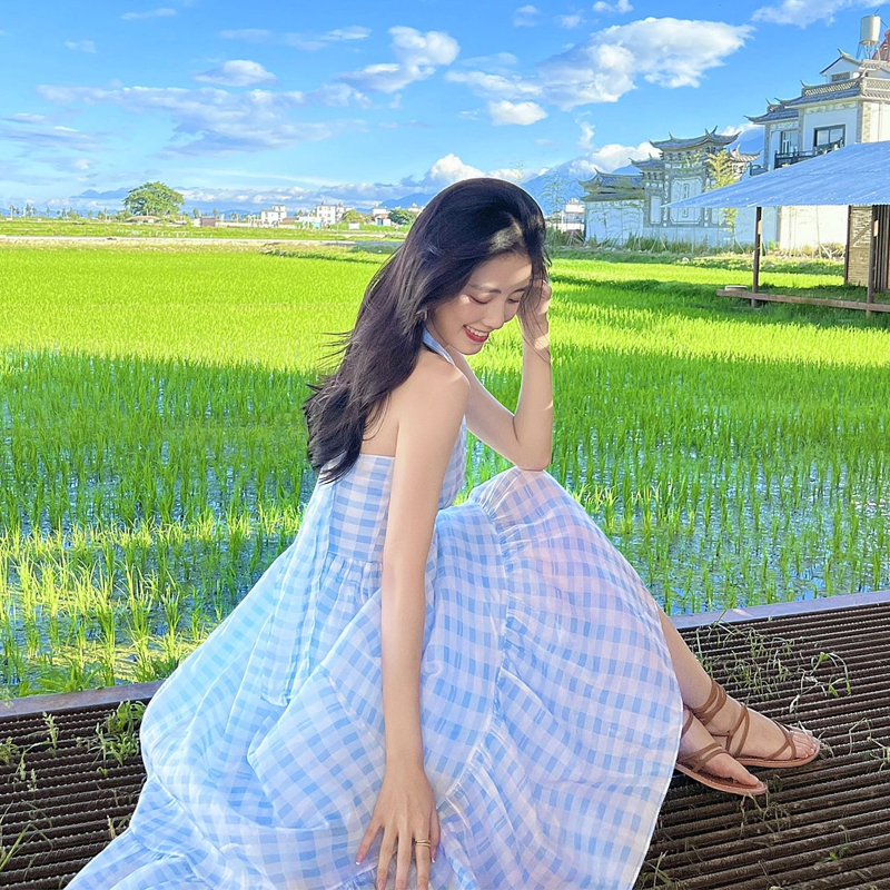 Summer Halter Dress for Women - Beach Skirt Travel Outfit, Dali Erhai Lake Seaside Vacation Wear