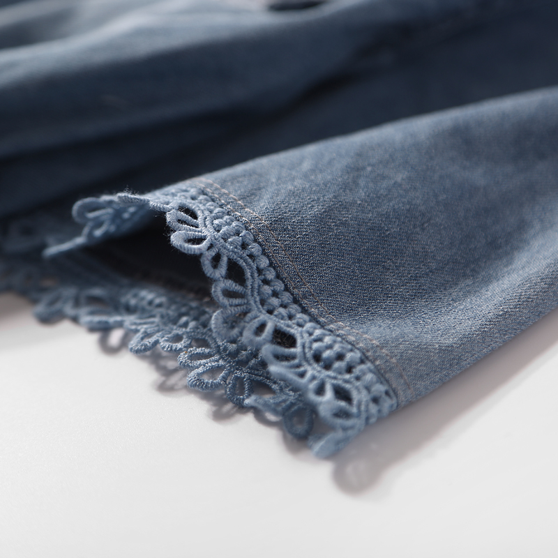 Summer Hollow Lace V-Neck Sequin Beaded Casual Denim Dress with Elastic Waist - European Style Fashion