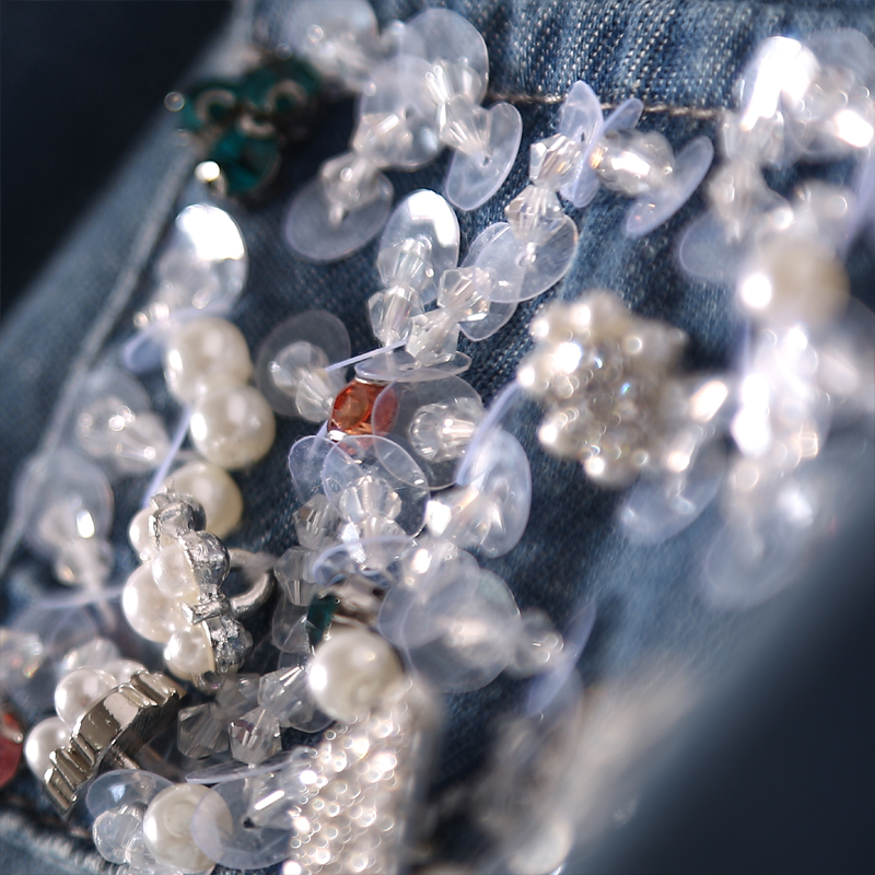 Summer Hollow Lace V-Neck Sequin Beaded Casual Denim Dress with Elastic Waist - European Style Fashion Summer Hollow Lace V-Neck Sequin Beaded Casual Denim Dress with Elastic Waist - European Style Fashion