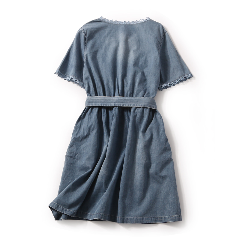 Summer Hollow Lace V-Neck Sequin Beaded Casual Denim Dress with Elastic Waist - European Style Fashion Summer Hollow Lace V-Neck Sequin Beaded Casual Denim Dress with Elastic Waist - European Style Fashion