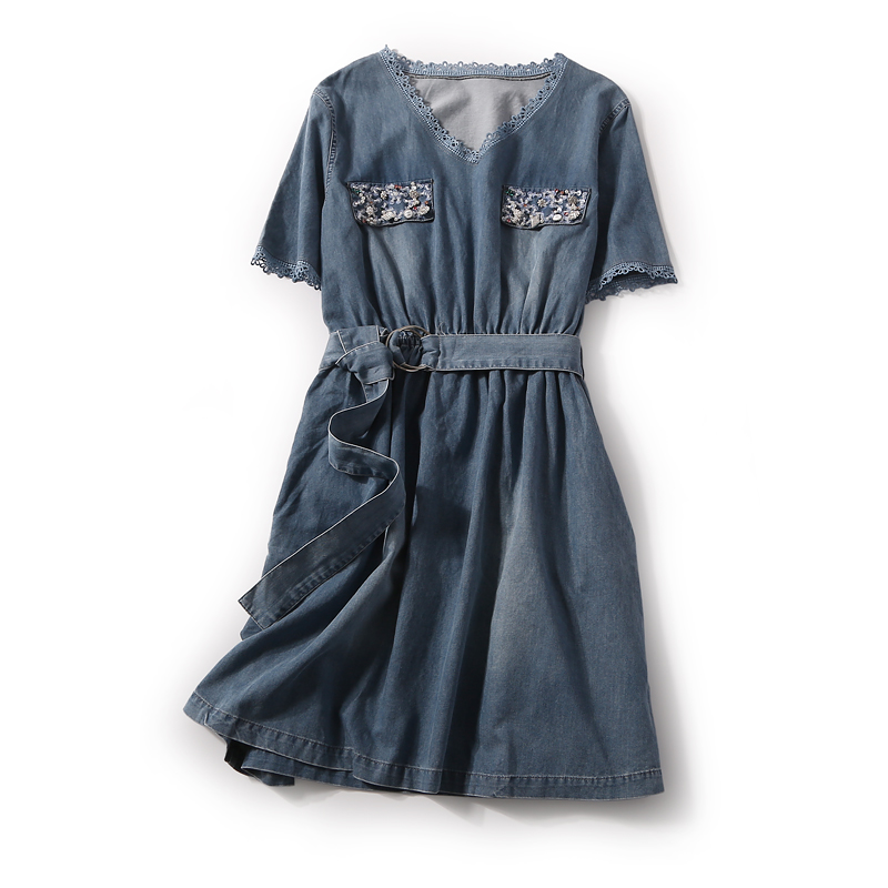 Summer Hollow Lace V-Neck Sequin Beaded Casual Denim Dress with Elastic Waist - European Style Fashion Summer Hollow Lace V-Neck Sequin Beaded Casual Denim Dress with Elastic Waist - European Style Fashion