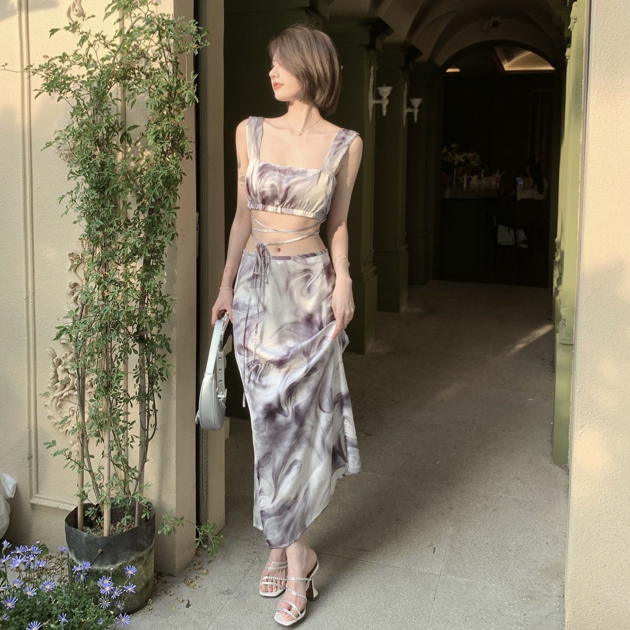 Summer Ink Wash Gradient Tie Strap Vest and Half Skirt Set - Sexy Two-Piece Outfit for Women, Y2K Style, Trendy Niche Design