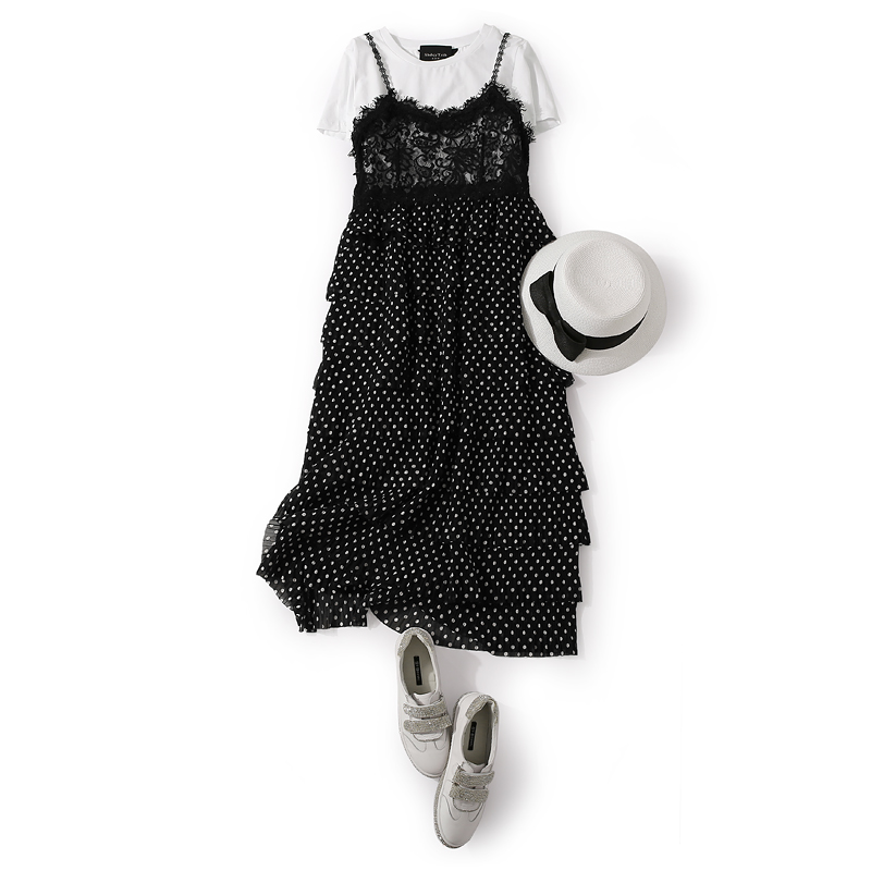 Summer Layered Polka Dot Ruffled Strap Dress and Plain T-Shirt Two-Piece Set - European Style for Trendy Looks Summer Layered Polka Dot Ruffled Strap Dress and Plain T-Shirt Two-Piece Set - European Style for Trendy Looks