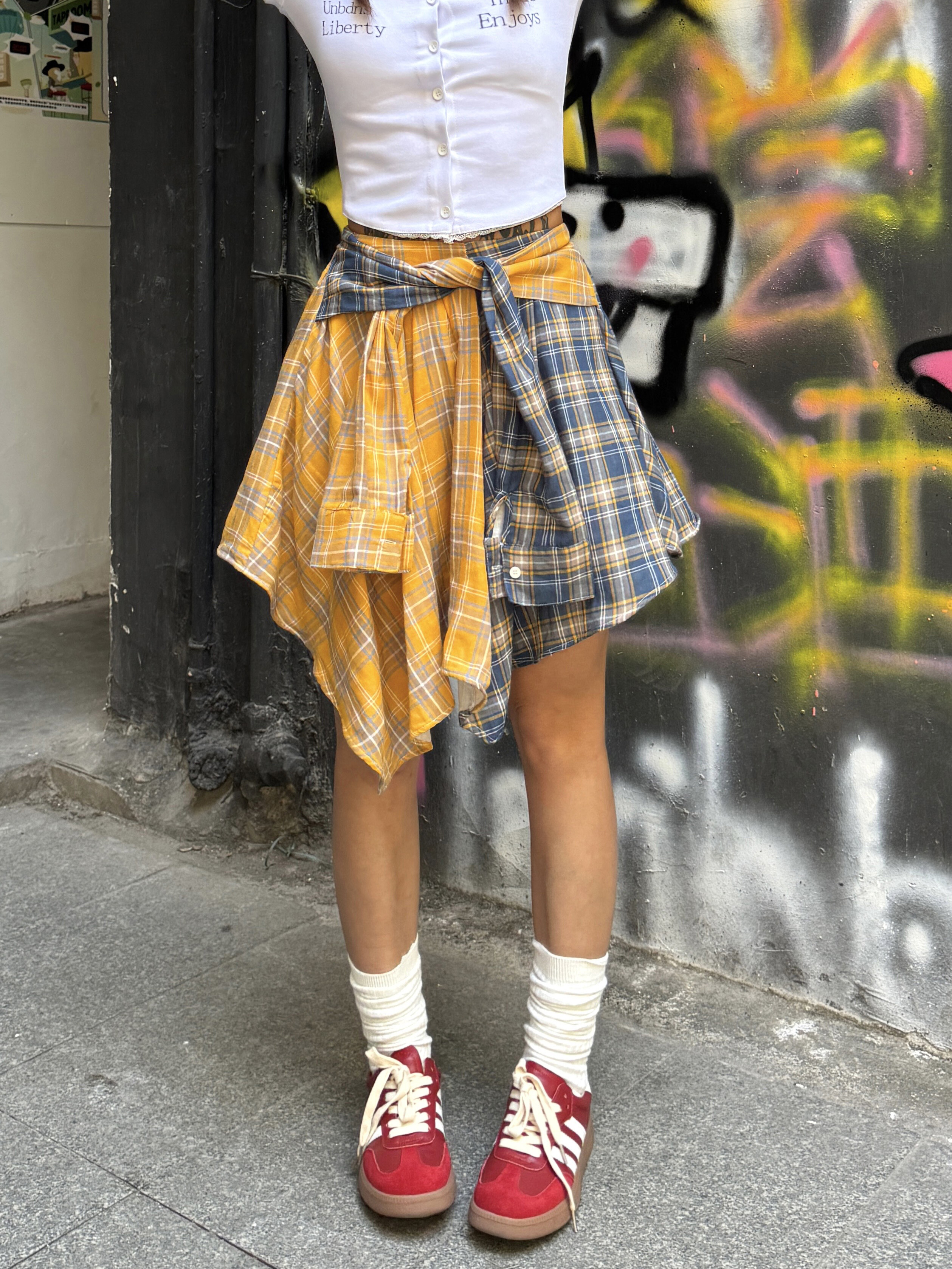 Summer Mini Skirt - Vintage Plaid A-Line with Tie-Up Detail, Slim Fit for a Trendy 90s Inspired Look Summer Mini Skirt - Vintage Plaid A-Line with Tie-Up Detail, Slim Fit for a Trendy 90s Inspired Look
