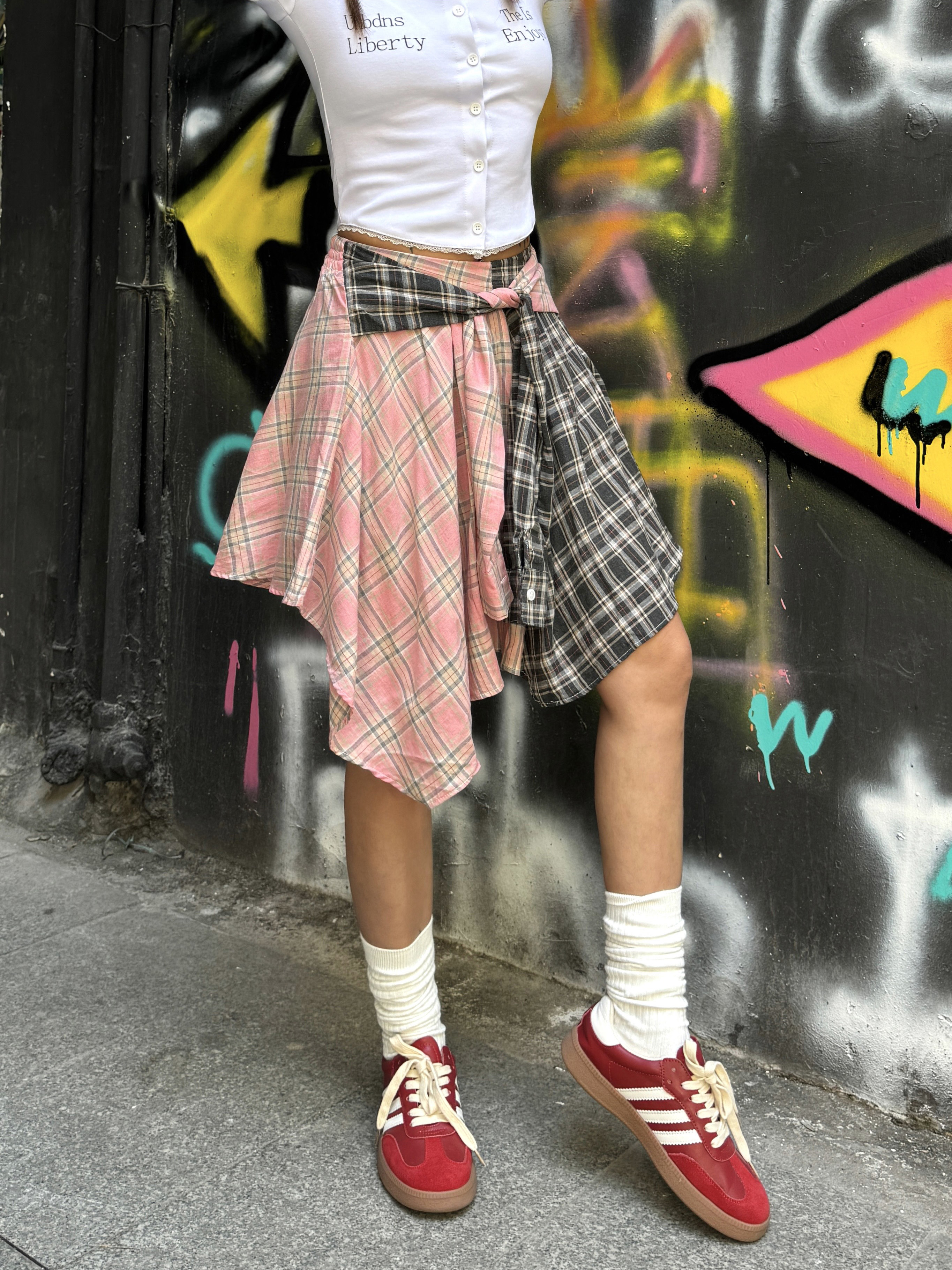 Summer Mini Skirt - Vintage Plaid A-Line with Tie-Up Detail, Slim Fit for a Trendy 90s Inspired Look Summer Mini Skirt - Vintage Plaid A-Line with Tie-Up Detail, Slim Fit for a Trendy 90s Inspired Look