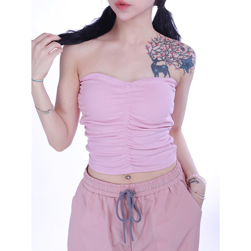 Summer Peach Heart Strapless Crop Top - Pleated Sweet Girl Style, Slim Fit, European & American Fashion Summer Peach Heart Strapless Crop Top - Pleated Sweet Girl Style, Slim Fit, European & American Fashion