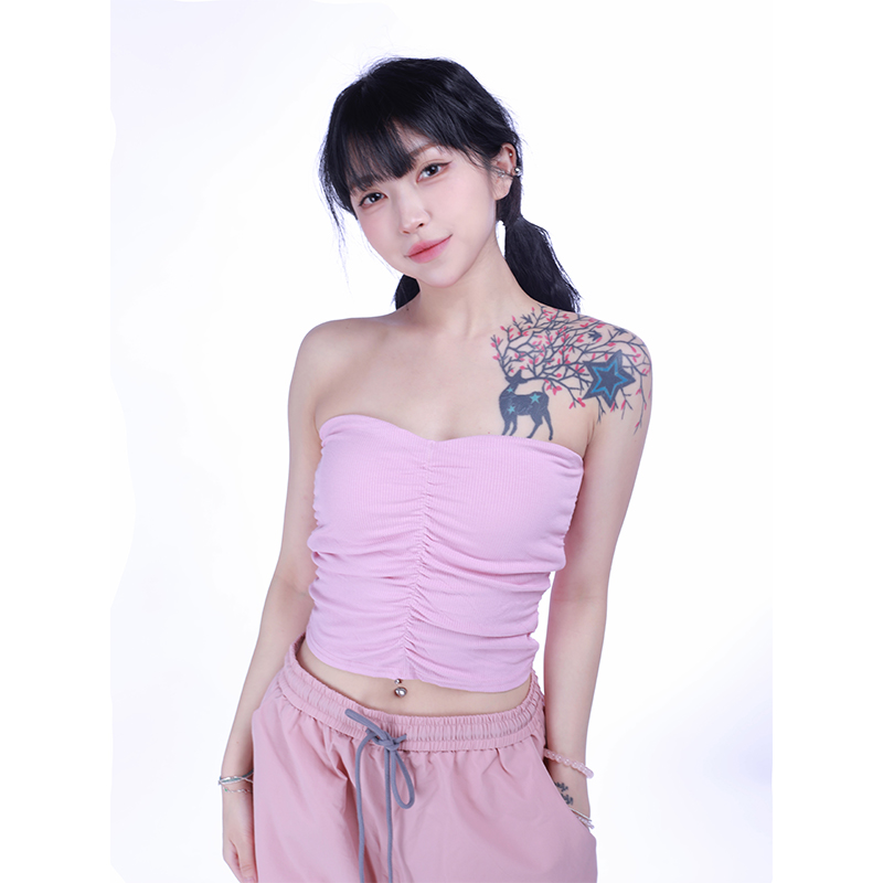 Summer Peach Heart Strapless Crop Top - Pleated Sweet Girl Style, Slim Fit, European & American Fashion Summer Peach Heart Strapless Crop Top - Pleated Sweet Girl Style, Slim Fit, European & American Fashion