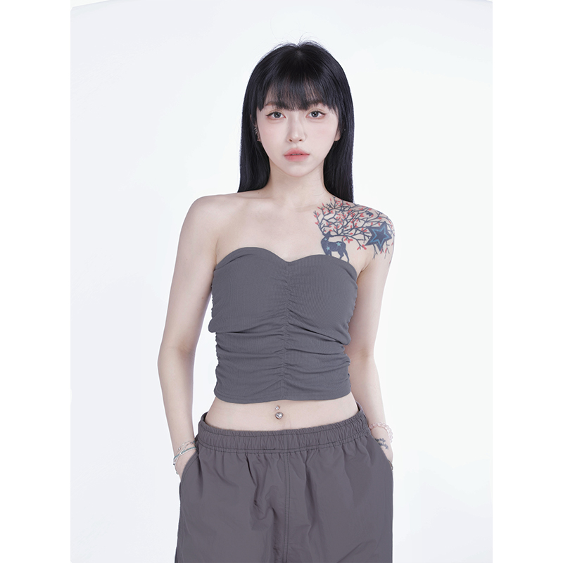 Summer Peach Heart Strapless Crop Top - Pleated Sweet Girl Style, Slim Fit, European & American Fashion Summer Peach Heart Strapless Crop Top - Pleated Sweet Girl Style, Slim Fit, European & American Fashion