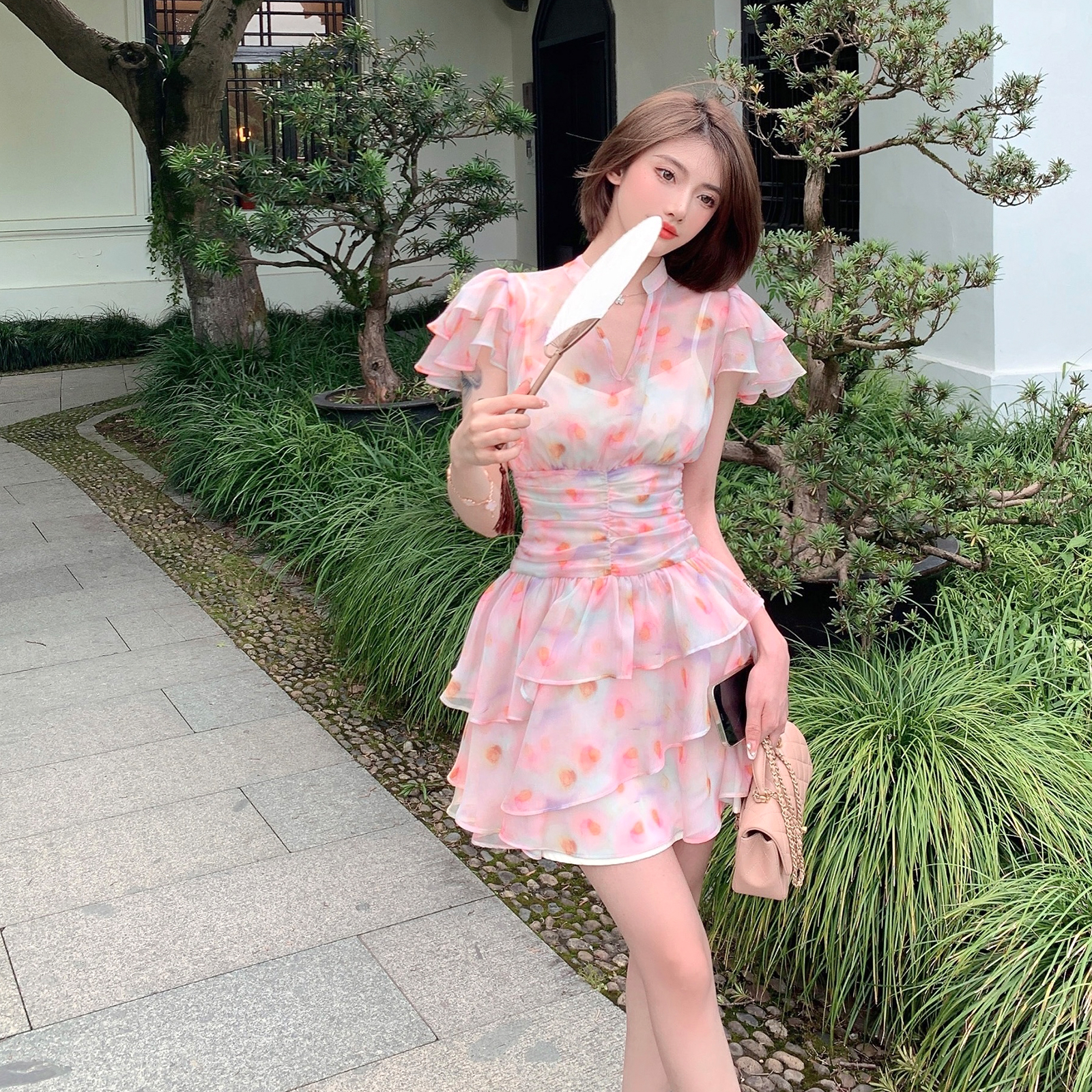 Summer Pink Ruffled Dress for Women, Waist-Cinching Slimming Design, Gorgeous Cake Dress, Perfect for 90s and Y2K Style Events