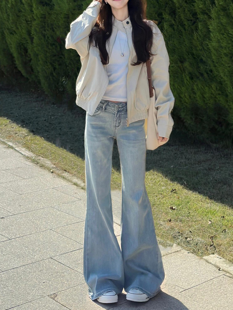 Summer Retro Light-Colored Flared Jeans for Women - Low-Waist Stretchy Wide-Leg Slim Straight Pants