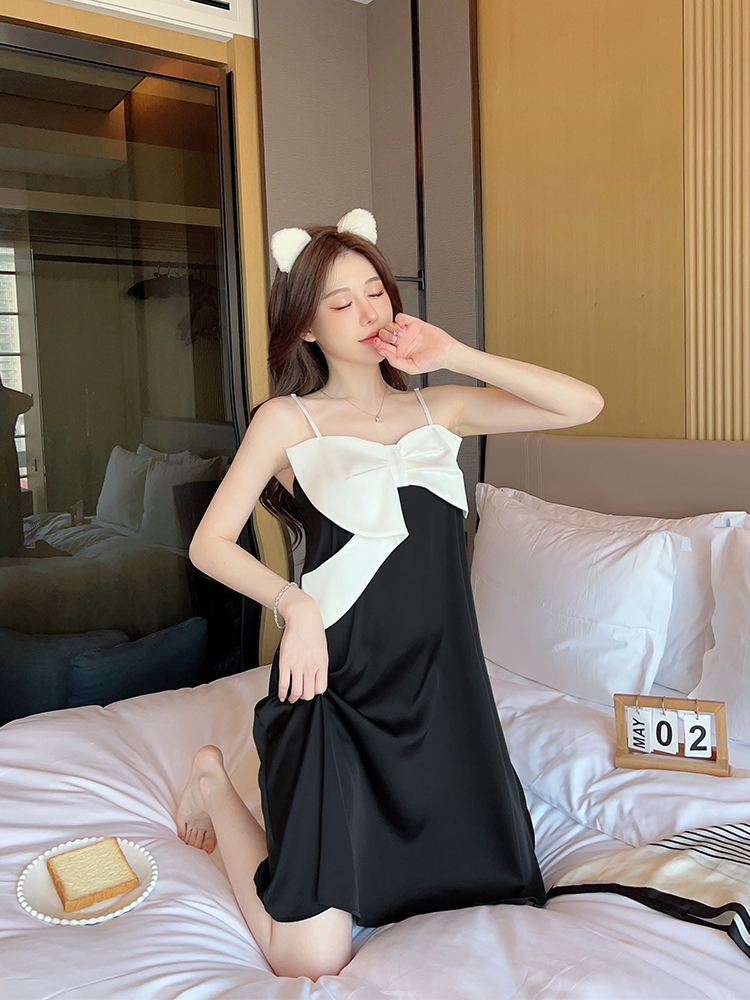 Summer Silk Nightgown for Women, Sexy Spaghetti Strap, Sweet Bow, Anti-Show-Through, Trendy Sleep Dress in Pure Desire Style Summer Silk Nightgown for Women, Sexy Spaghetti Strap, Sweet Bow, Anti-Show-Through, Trendy Sleep Dress in Pure Desire Style