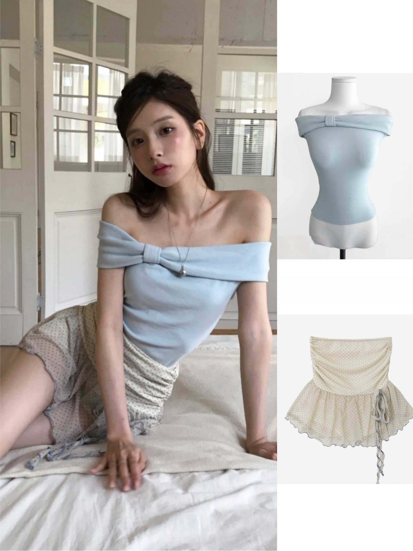 Summer Slim-Fit Off-Shoulder Top with Bow and Pleated Polka Dot Skirt - Unique Korean Style Fashion