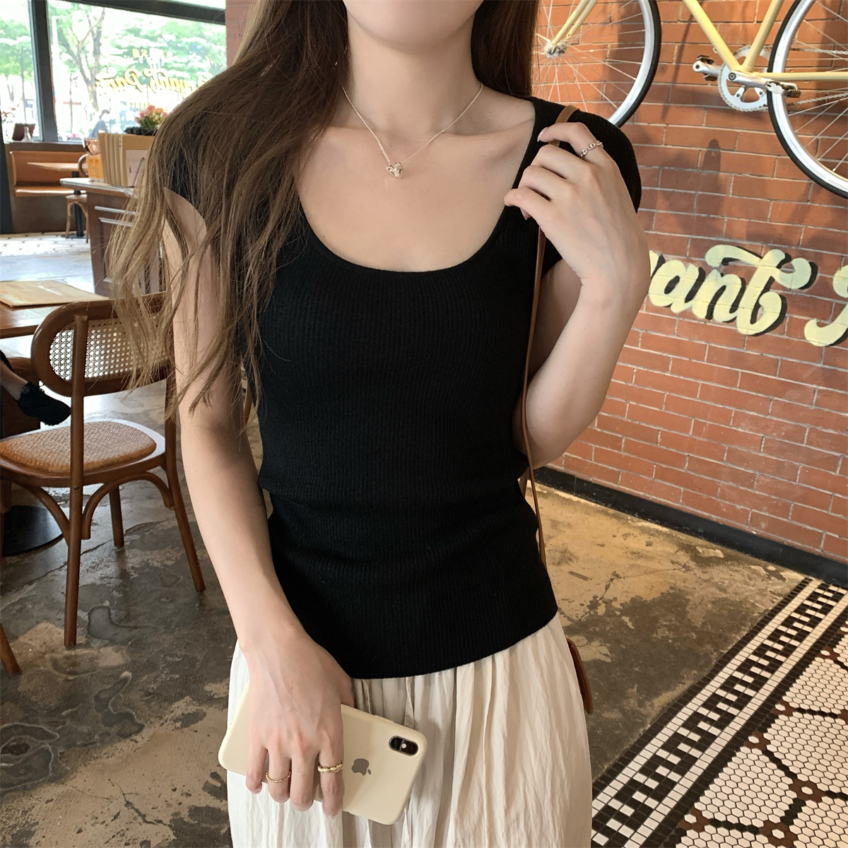 Summer Thin Ice Silk Big U-Neck Short-Sleeve Knitted Top â€“ Unique Women's Fashion for Warm Weather