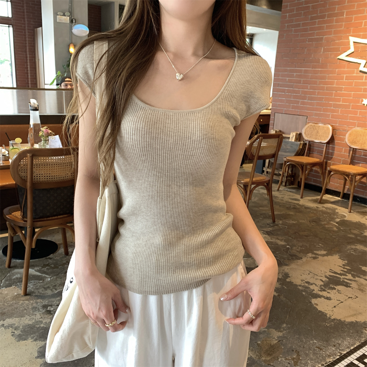 Summer Thin Ice Silk Big U-Neck Short-Sleeve Knitted Top – Unique Women's Fashion for Warm Weather Summer Thin Ice Silk Big U-Neck Short-Sleeve Knitted Top – Unique Women's Fashion for Warm Weather