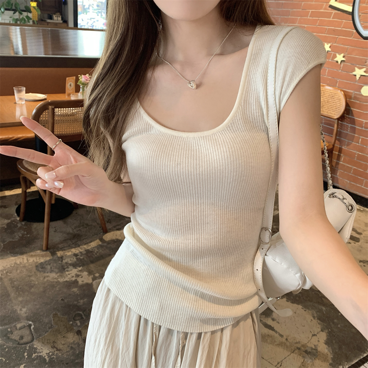 Summer Thin Ice Silk Big U-Neck Short-Sleeve Knitted Top – Unique Women's Fashion for Warm Weather Summer Thin Ice Silk Big U-Neck Short-Sleeve Knitted Top – Unique Women's Fashion for Warm Weather