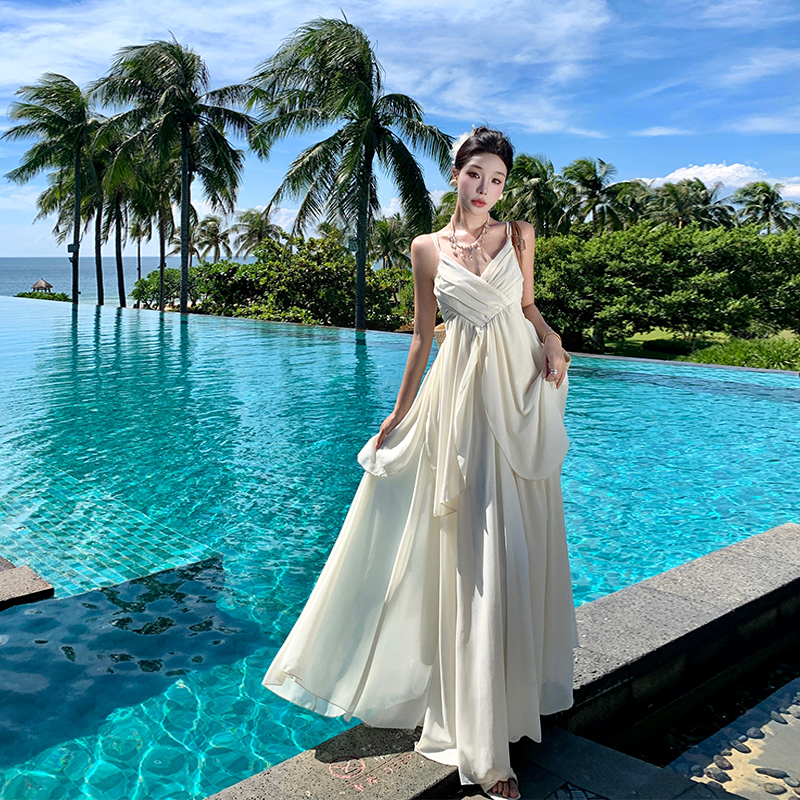 Summer Vibe Spaghetti Strap Long Dress - Thailand Seaside Photo Outfit with Waist-Cinching Big Skirt, Fairy Beach Style
