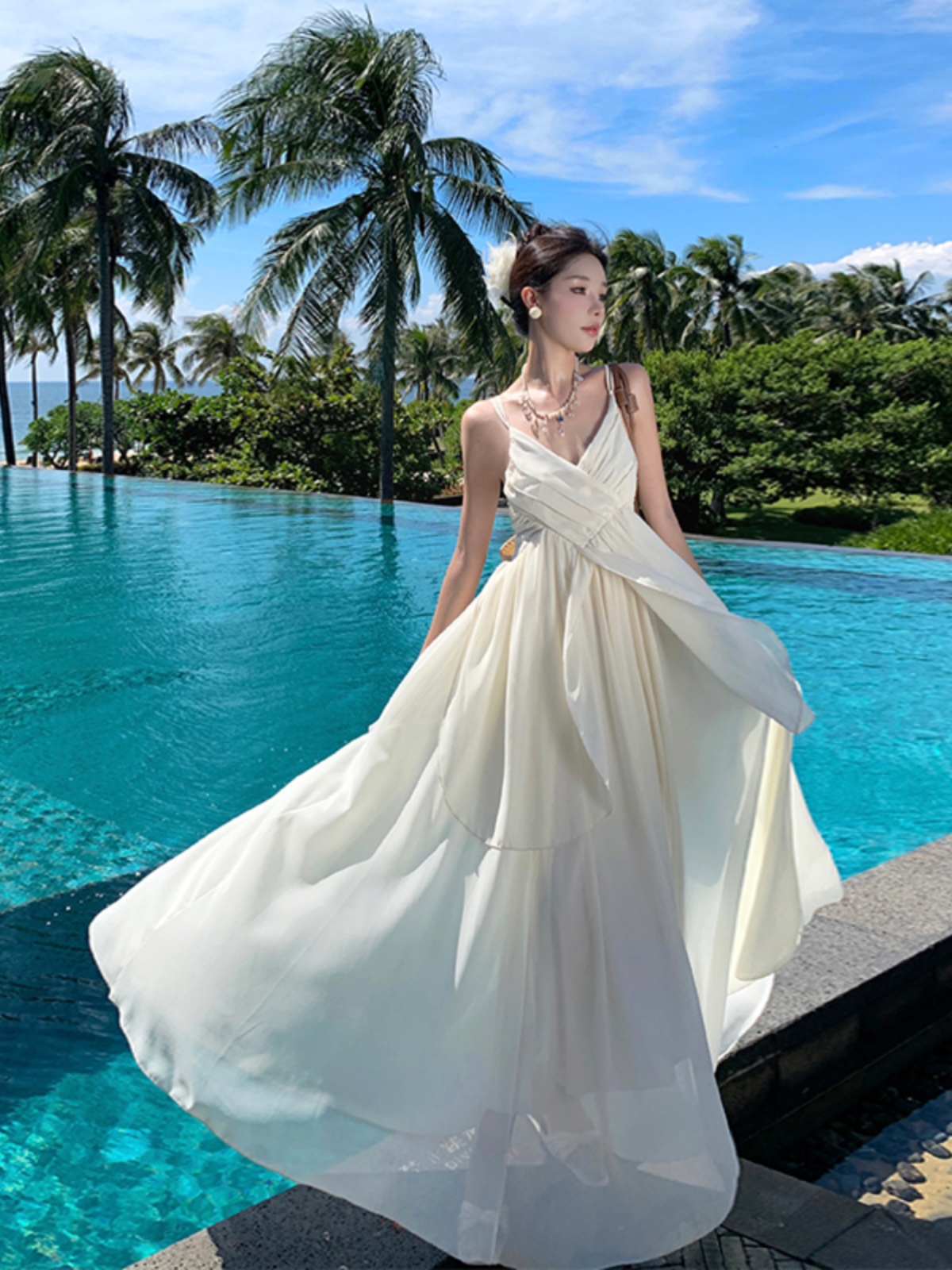 Summer Vibe Spaghetti Strap Long Dress - Thailand Seaside Photo Outfit with Waist-Cinching Big Skirt, Fairy Beach Style Summer Vibe Spaghetti Strap Long Dress - Thailand Seaside Photo Outfit with Waist-Cinching Big Skirt, Fairy Beach Style