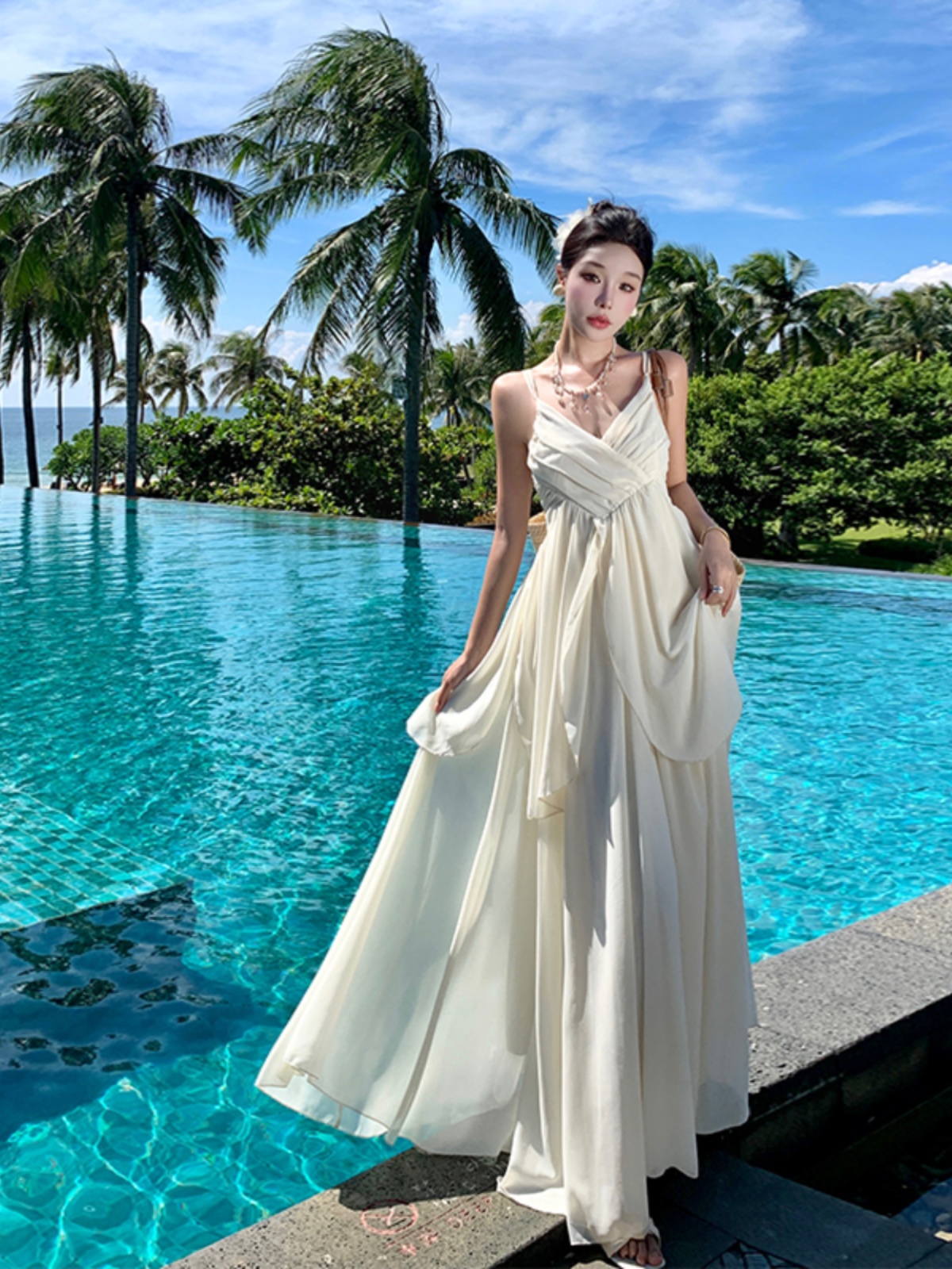 Summer Vibe Spaghetti Strap Long Dress - Thailand Seaside Photo Outfit with Waist-Cinching Big Skirt, Fairy Beach Style