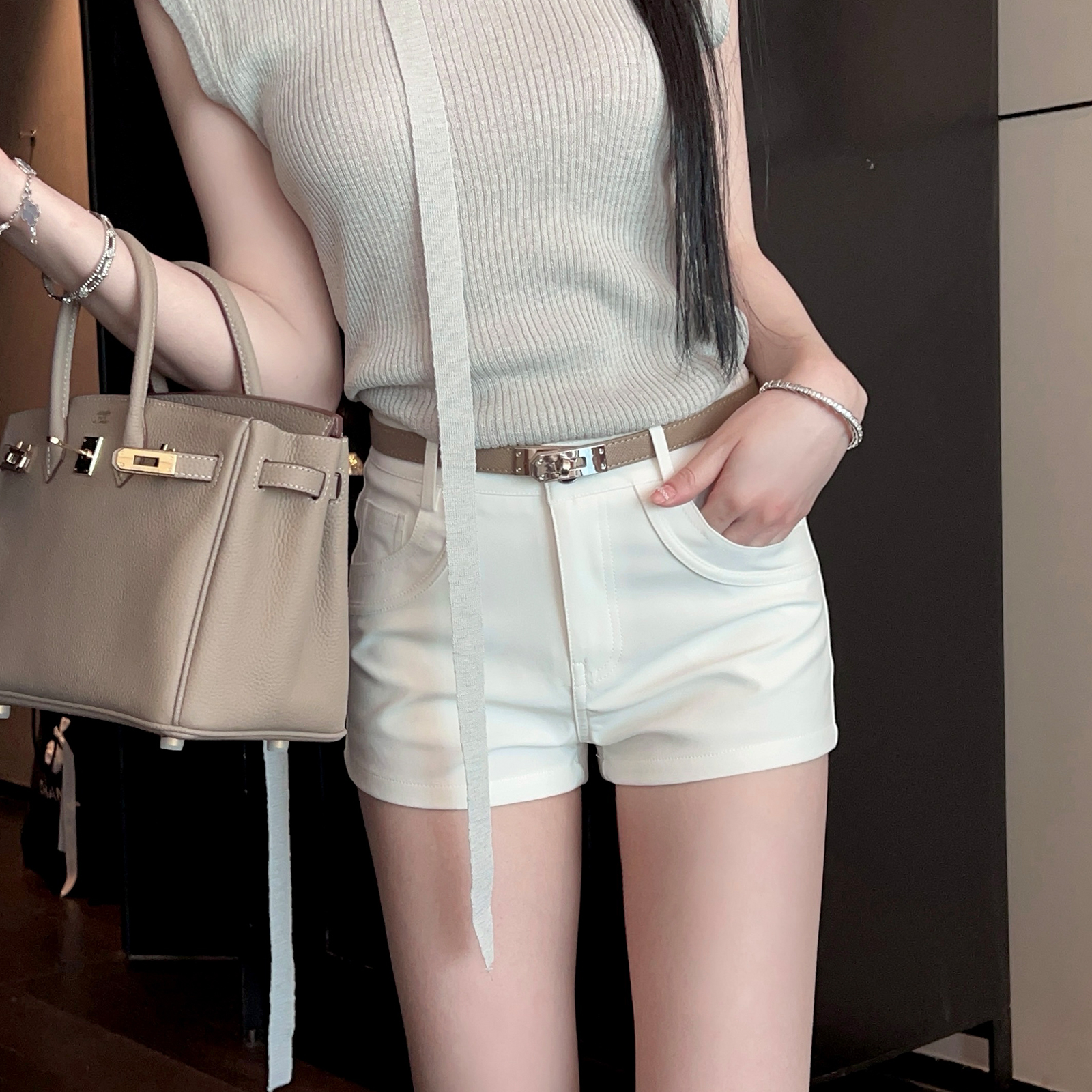 Summer White Bodycon Casual High Waist Shorts for Women - Petite Fit with Belt - Trendy Hot Pants for Effortless Style