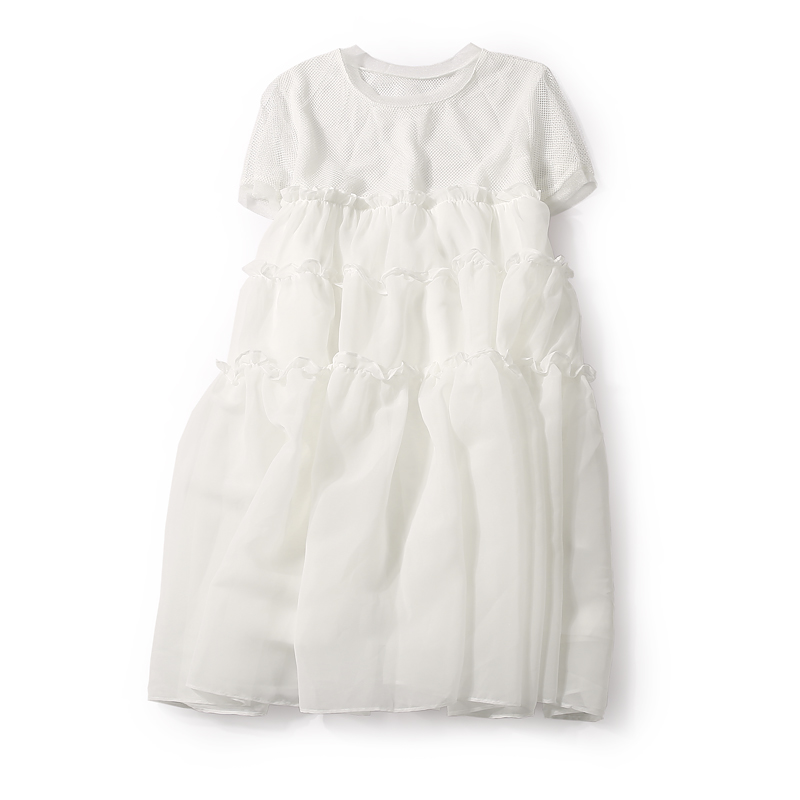 Summer Women's Casual Short Dress with Round Neck, Hollow Out Mesh, Ruffle Edge in Solid Color - European Fantasy Style Summer Women's Casual Short Dress with Round Neck, Hollow Out Mesh, Ruffle Edge in Solid Color - European Fantasy Style