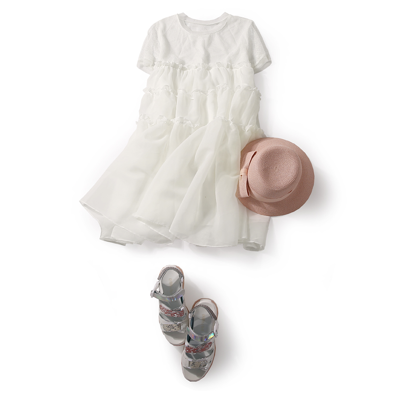 Summer Women's Casual Short Dress with Round Neck, Hollow Out Mesh, Ruffle Edge in Solid Color - European Fantasy Style Summer Women's Casual Short Dress with Round Neck, Hollow Out Mesh, Ruffle Edge in Solid Color - European Fantasy Style