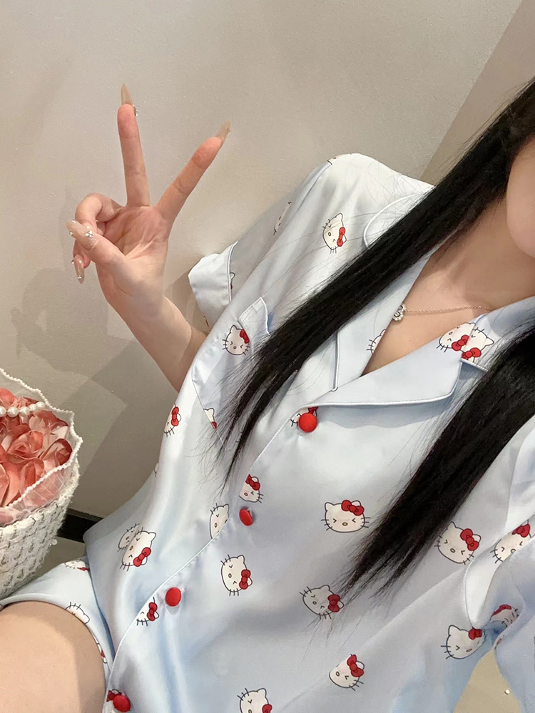 Summer Women's Pajamas Set 2025 - Cute Kitty Print Short-Sleeve Top & Shorts Loungewear for Outdoor Comfort Summer Women's Pajamas Set 2025 - Cute Kitty Print Short-Sleeve Top & Shorts Loungewear for Outdoor Comfort