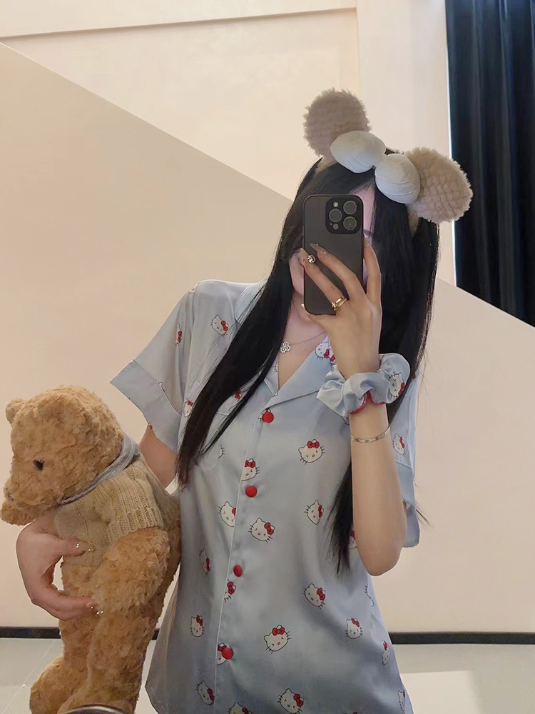 Summer Women's Pajamas Set 2025 - Cute Kitty Print Short-Sleeve Top & Shorts Loungewear for Outdoor Comfort Summer Women's Pajamas Set 2025 - Cute Kitty Print Short-Sleeve Top & Shorts Loungewear for Outdoor Comfort