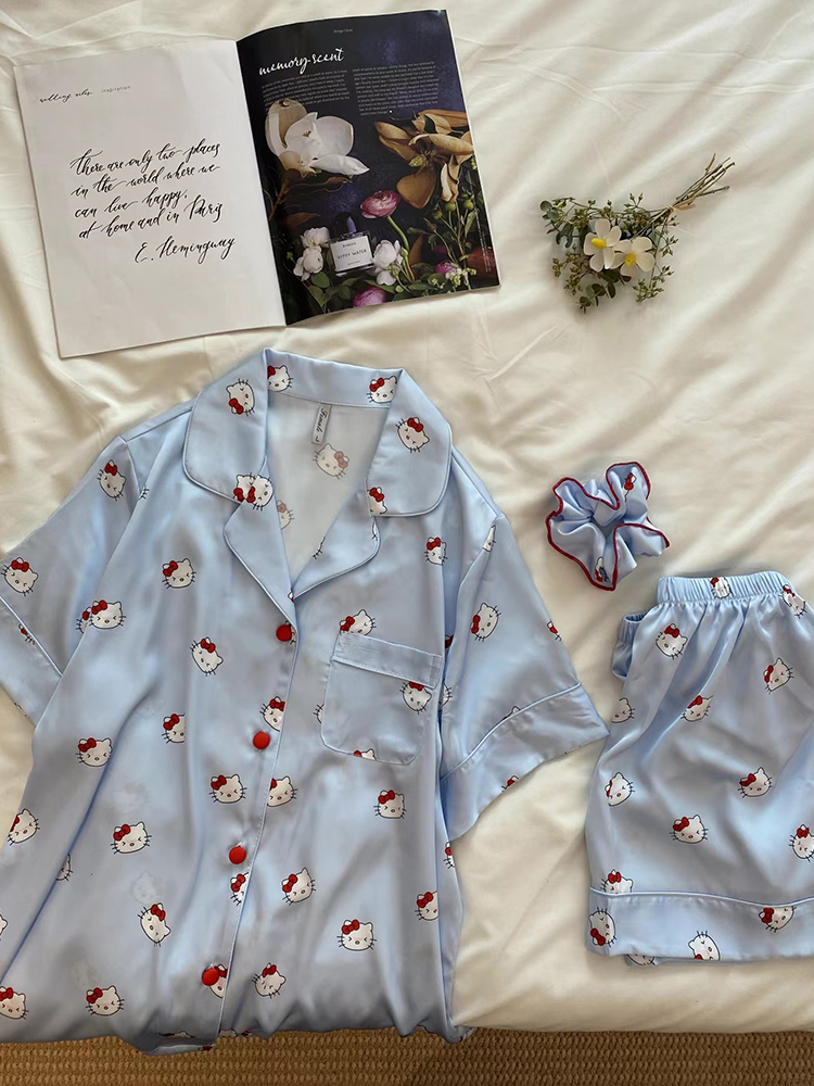 Summer Women's Pajamas Set 2025 - Cute Kitty Print Short-Sleeve Top & Shorts Loungewear for Outdoor Comfort Summer Women's Pajamas Set 2025 - Cute Kitty Print Short-Sleeve Top & Shorts Loungewear for Outdoor Comfort