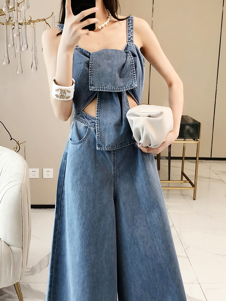 Summer Women's Wide-Leg Jumpsuit - Off-Shoulder, Hollow Twist Knot Design, Trendy Denim Fashion for European Style