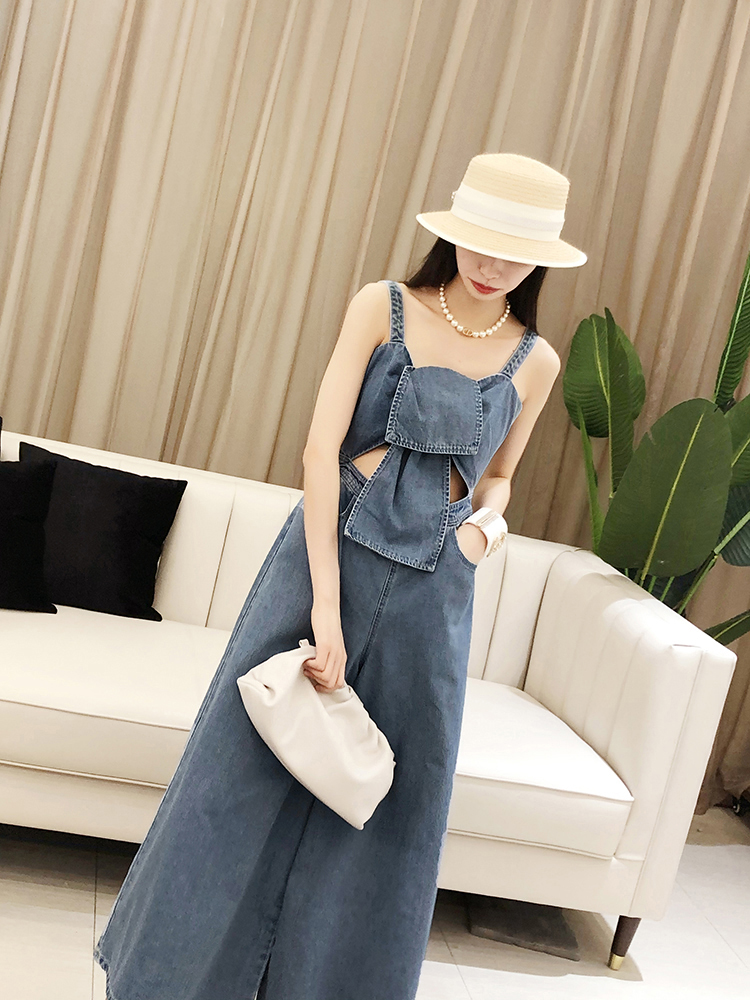 Summer Women's Wide-Leg Jumpsuit - Off-Shoulder, Hollow Twist Knot Design, Trendy Denim Fashion for European Style Summer Women's Wide-Leg Jumpsuit - Off-Shoulder, Hollow Twist Knot Design, Trendy Denim Fashion for European Style