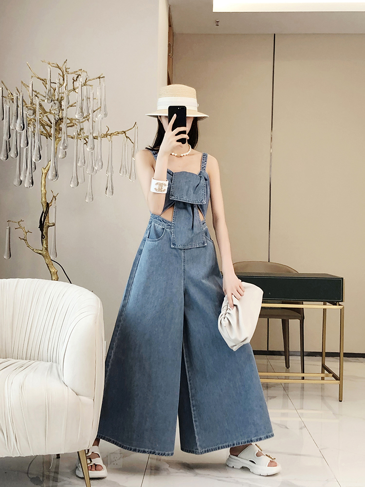 Summer Women's Wide-Leg Jumpsuit - Off-Shoulder, Hollow Twist Knot Design, Trendy Denim Fashion for European Style Summer Women's Wide-Leg Jumpsuit - Off-Shoulder, Hollow Twist Knot Design, Trendy Denim Fashion for European Style