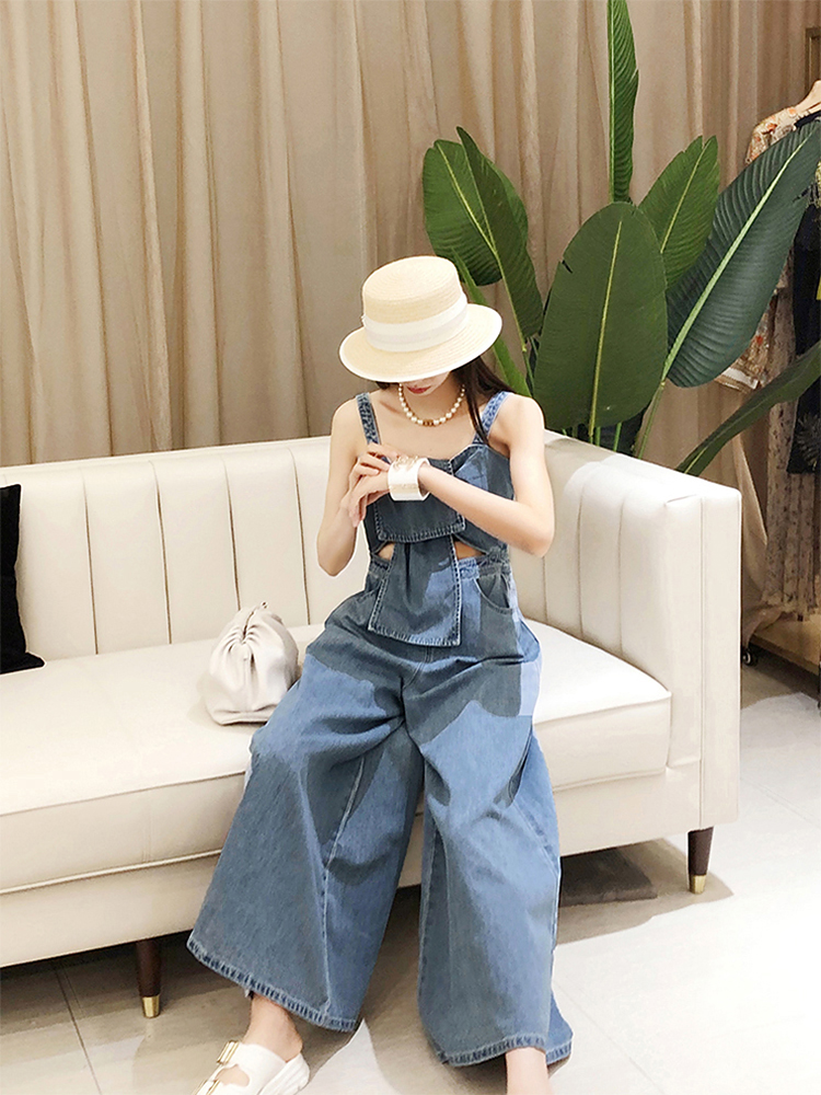 Summer Women's Wide-Leg Jumpsuit - Off-Shoulder, Hollow Twist Knot Design, Trendy Denim Fashion for European Style Summer Women's Wide-Leg Jumpsuit - Off-Shoulder, Hollow Twist Knot Design, Trendy Denim Fashion for European Style