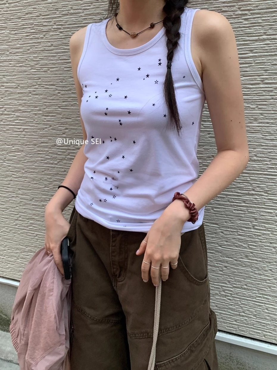 Summer Y2K Korean Style Star Dot Print Slim-Fit Casual Vest Top for Versatile Street Fashion Summer Y2K Korean Style Star Dot Print Slim-Fit Casual Vest Top for Versatile Street Fashion