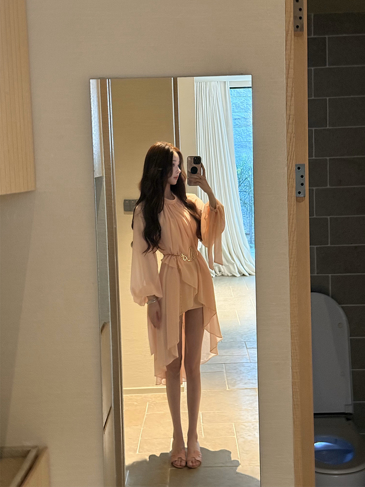 Sunset Queen Irregular Lantern Sleeve Dress for Women - Socialite Style with Waist Cinching - Perfect for 90s and Y2K Fashion Sunset Queen Irregular Lantern Sleeve Dress for Women - Socialite Style with Waist Cinching - Perfect for 90s and Y2K Fashion