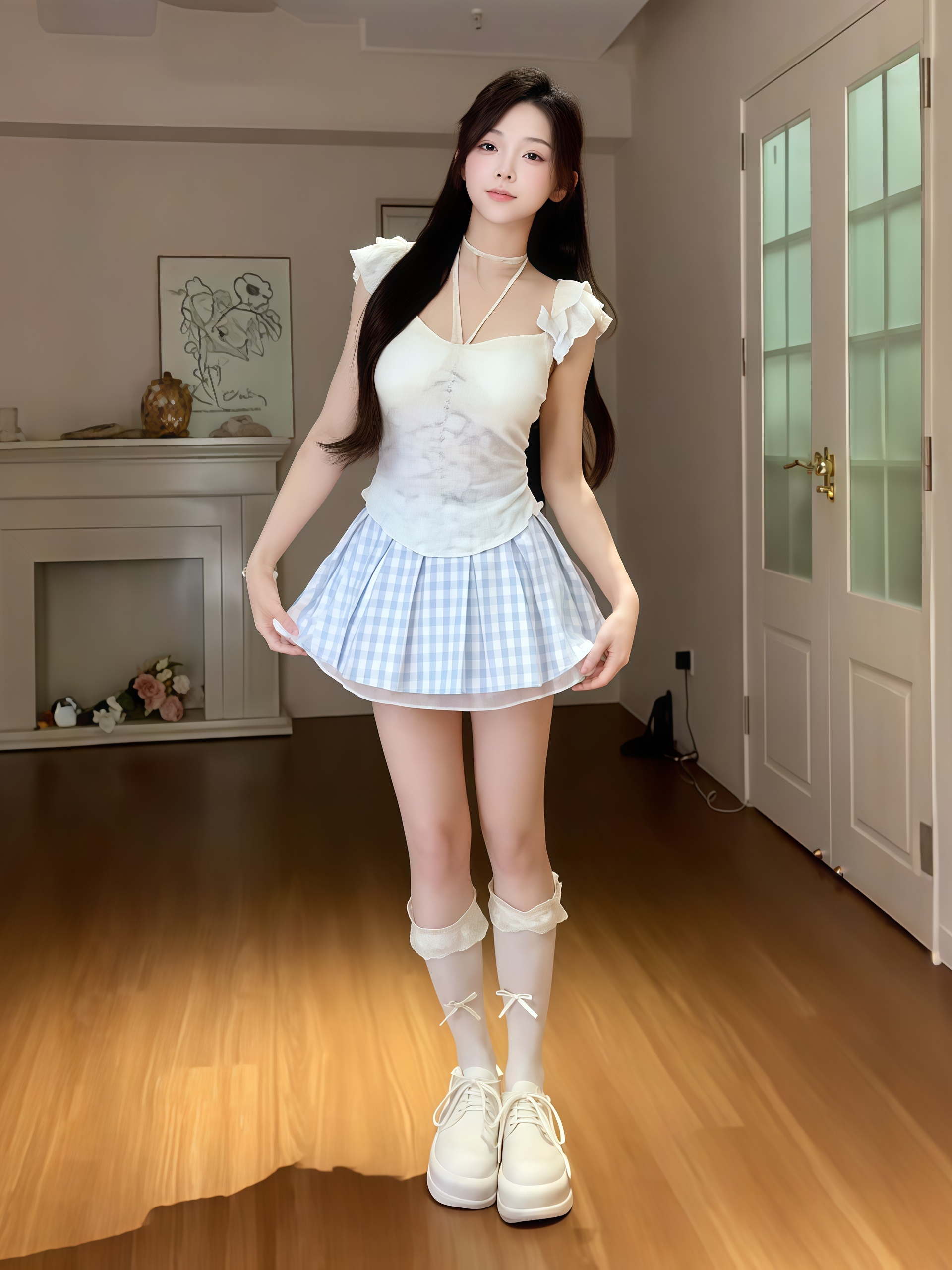 Sweet and Spicy Fitted Halter Top & High-Waisted Plaid Skirt Two-Piece Outfit for Spring - Trendy Y2K Style Sweet and Spicy Fitted Halter Top & High-Waisted Plaid Skirt Two-Piece Outfit for Spring - Trendy Y2K Style