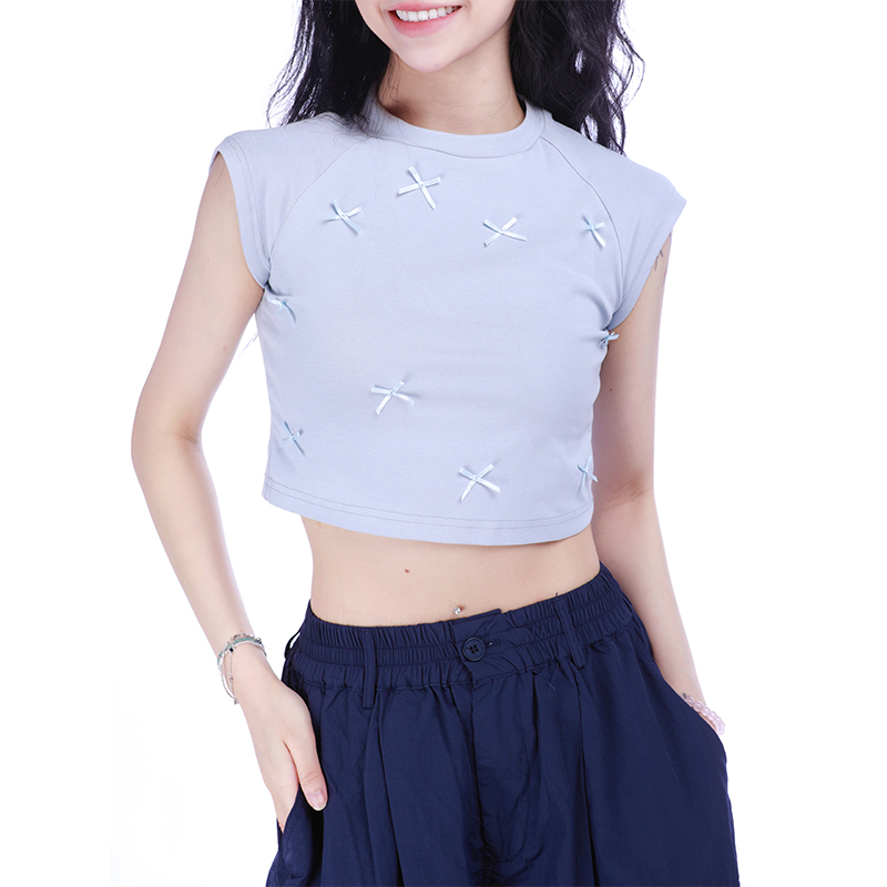 Sweet and Spicy Girl Bow Short Sleeve Crop Top T-shirt - Summer Fashion Essential, Cute Round Neck Style, Trendy Y2K Look Sweet and Spicy Girl Bow Short Sleeve Crop Top T-shirt - Summer Fashion Essential, Cute Round Neck Style, Trendy Y2K Look