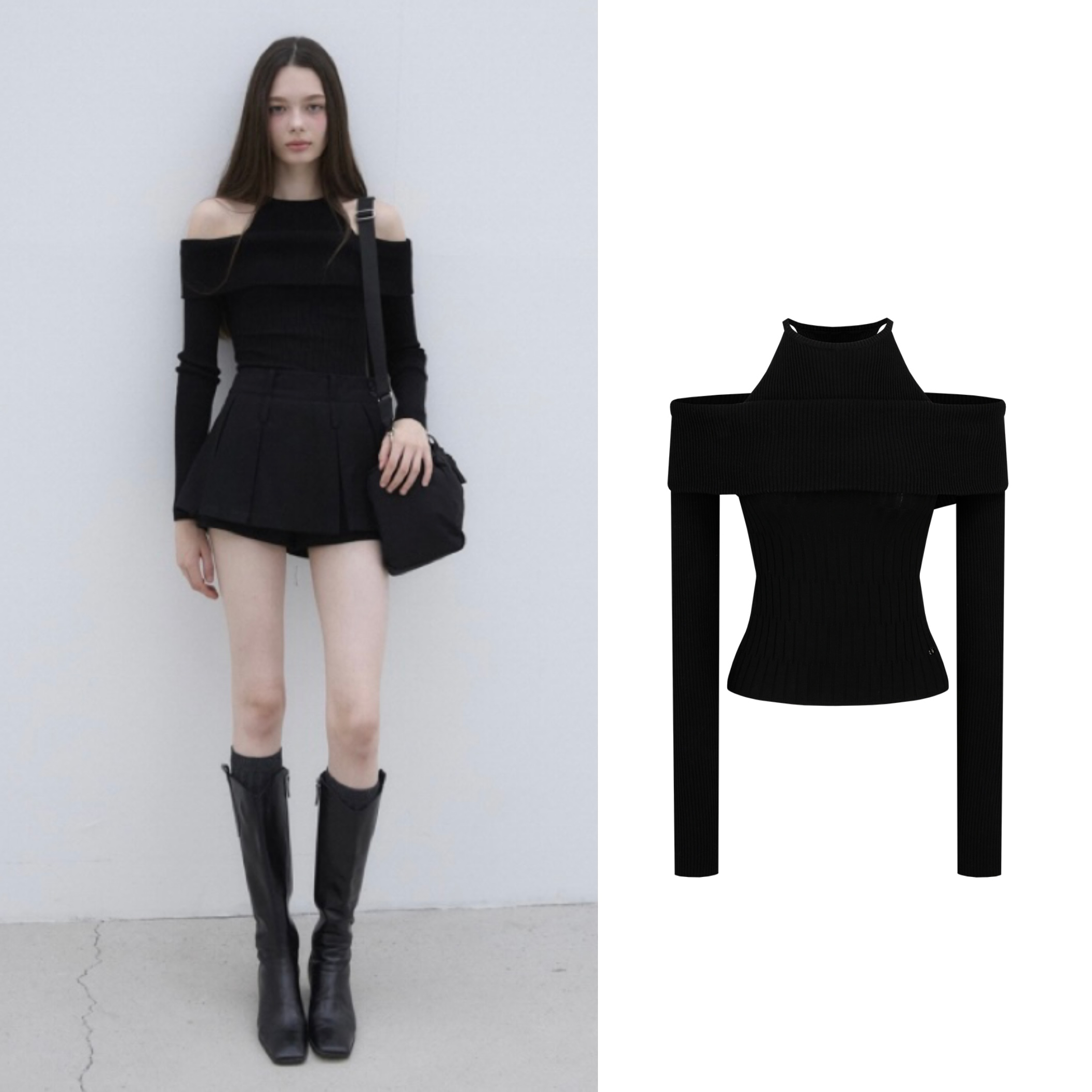 Sweet and Spicy Halter Neck Off-Shoulder Fitted Knit Top and Skirt Set - Korean Style Fashion