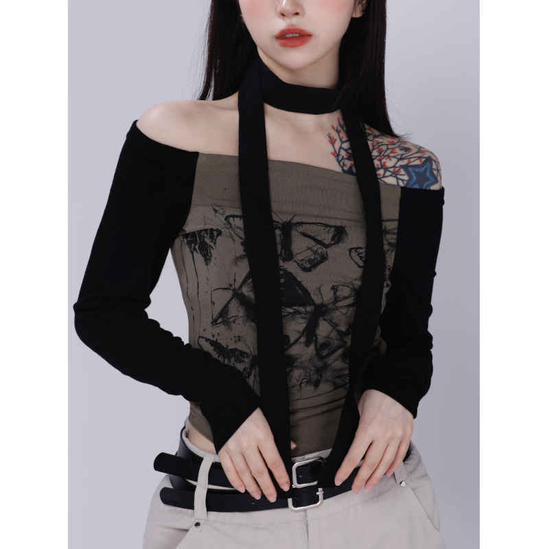 Sweet and Spicy Off-Shoulder Printed Long-Sleeve Top with Neck Scarf for Women - Trendy Short Jazz Dance T-Shirt Sweet and Spicy Off-Shoulder Printed Long-Sleeve Top with Neck Scarf for Women - Trendy Short Jazz Dance T-Shirt