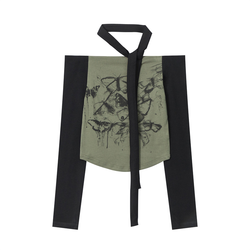 Sweet and Spicy Off-Shoulder Printed Long-Sleeve Top with Neck Scarf for Women - Trendy Short Jazz Dance T-Shirt