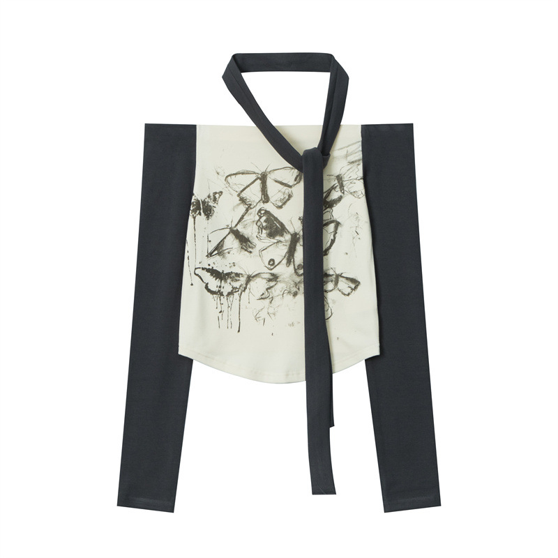 Sweet and Spicy Off-Shoulder Printed Long-Sleeve Top with Neck Scarf for Women - Trendy Short Jazz Dance T-Shirt Sweet and Spicy Off-Shoulder Printed Long-Sleeve Top with Neck Scarf for Women - Trendy Short Jazz Dance T-Shirt