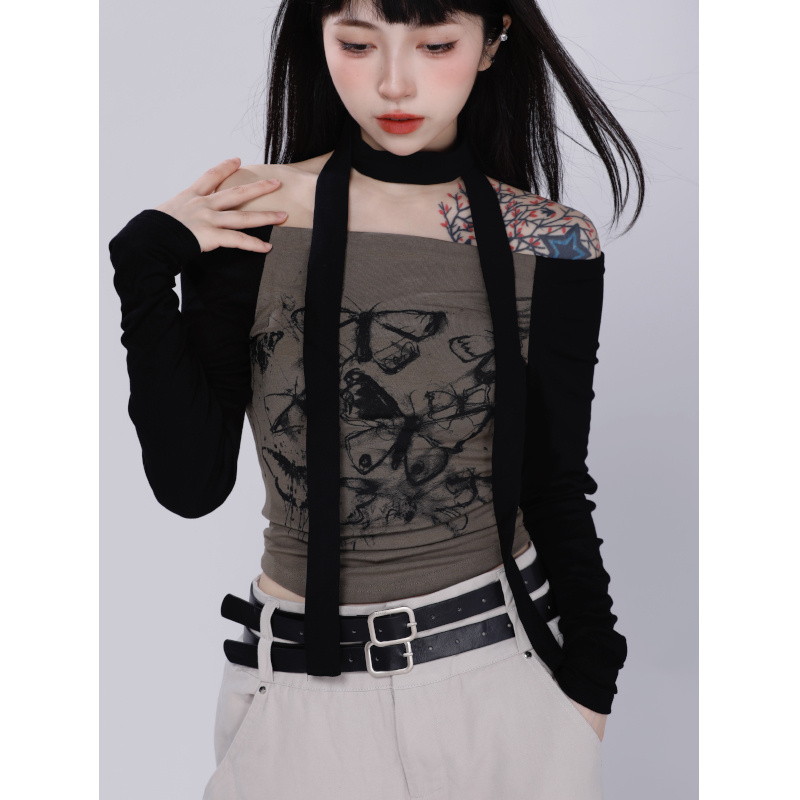 Sweet and Spicy Off-Shoulder Printed Long-Sleeve Top with Neck Scarf for Women - Trendy Short Jazz Dance T-Shirt Sweet and Spicy Off-Shoulder Printed Long-Sleeve Top with Neck Scarf for Women - Trendy Short Jazz Dance T-Shirt