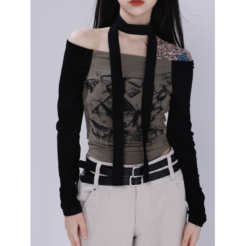 Sweet and Spicy Off-Shoulder Printed Long-Sleeve Top with Neck Scarf for Women - Trendy Short Jazz Dance T-Shirt Sweet and Spicy Off-Shoulder Printed Long-Sleeve Top with Neck Scarf for Women - Trendy Short Jazz Dance T-Shirt