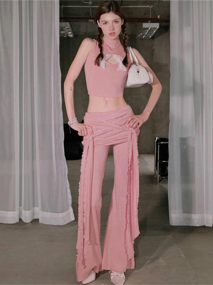 Sweet and Spicy Patchwork Lace Hollow Sleeveless Top with Strap and Slim Fit Flared Pants Two-Piece Set for Trendy Women